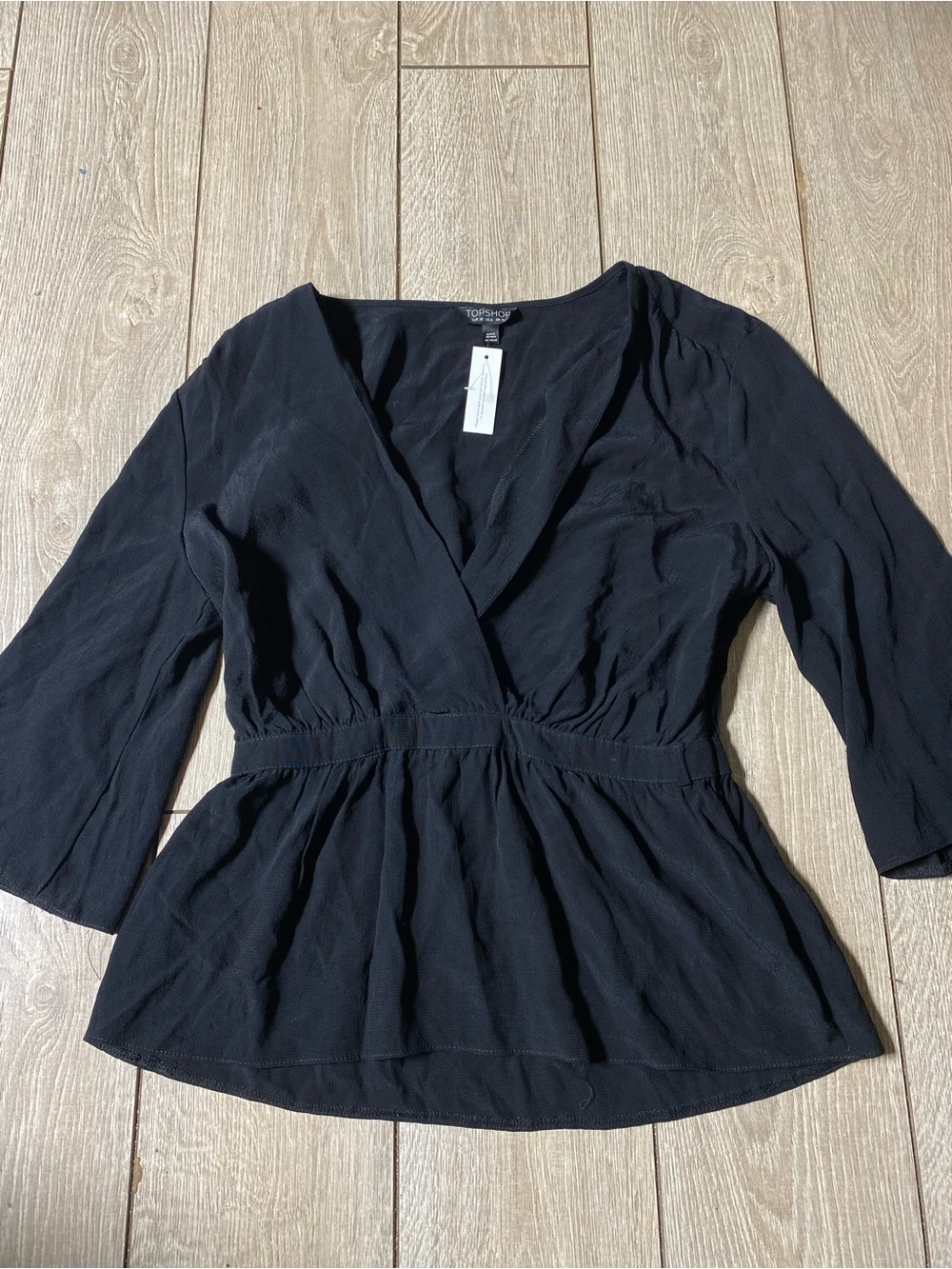 Topshop Black Surplice V-Neck Peplum Blouse size 6 NWT